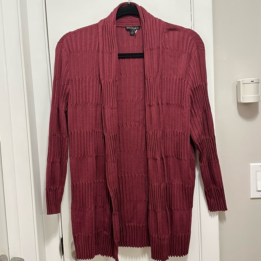 Lafayette 148 NewYork 100% Silk Pleated Open Cardigan Sweater L wine red 3/4 slv